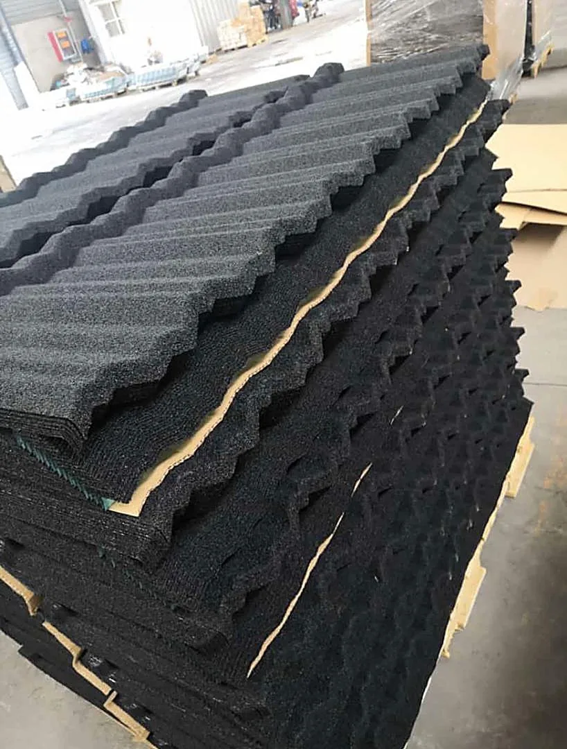 Stack of stone-coated roofing tiles close-up